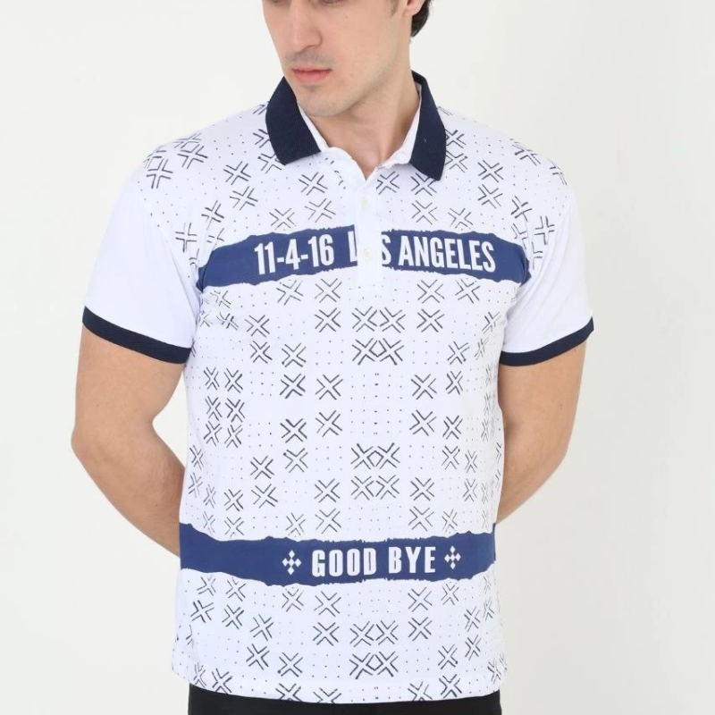 Erkek Polo Yaka Tişört Slim Fit Baskılı Kısa Kol T-Shirt - Beyaz